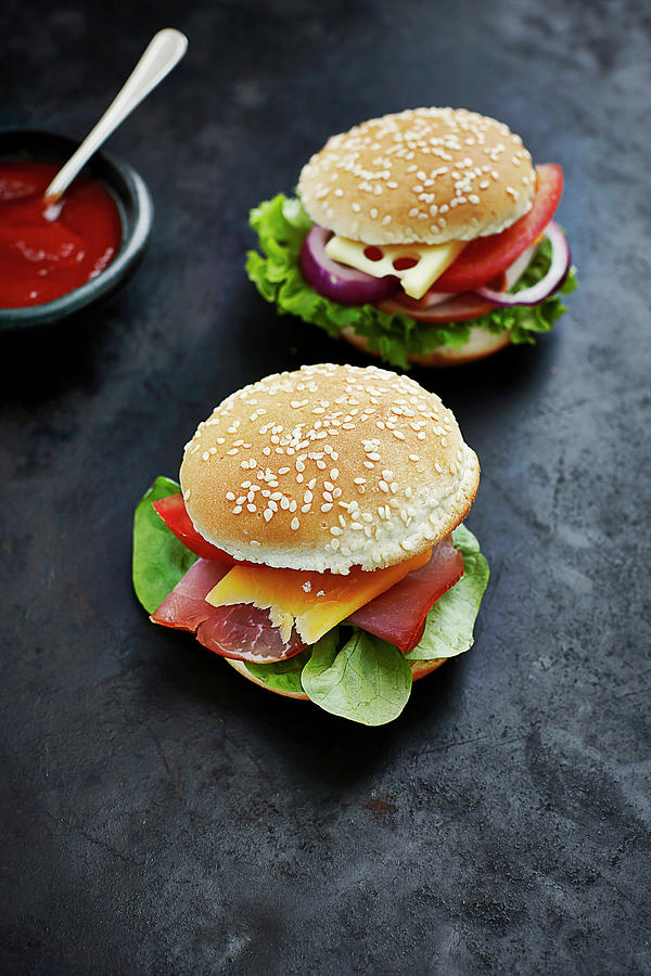 Two Prepared Burgers, Mustard And Photograph by Westend61