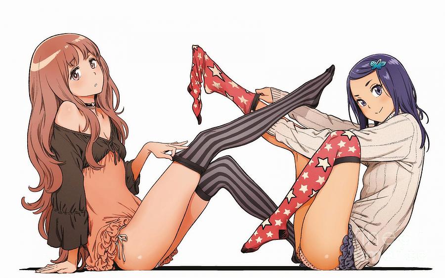 Two Pretty Sexy Hentai Girls Putting On Socks Ultra Hd Drawing