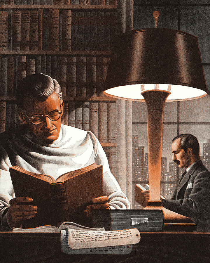 Vintage Drawing - Two Professional Men Studying in a Library by CSA Images