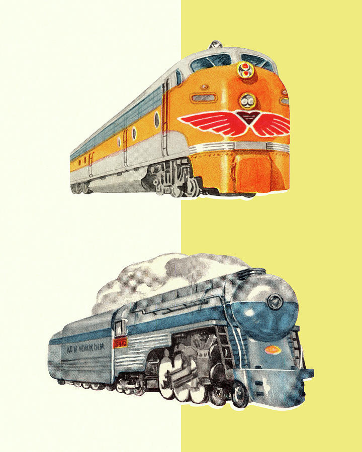 Transportation Drawing - Two Railroad Engines by CSA Images