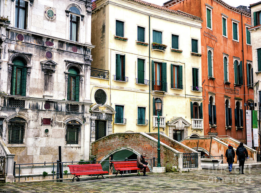 Two Red Benches in Venice by John Rizzuto Two Red Benches in Venice by John Rizzuto