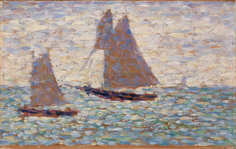 Two Sailboats at Grandcamp Painting by Georges Seurat