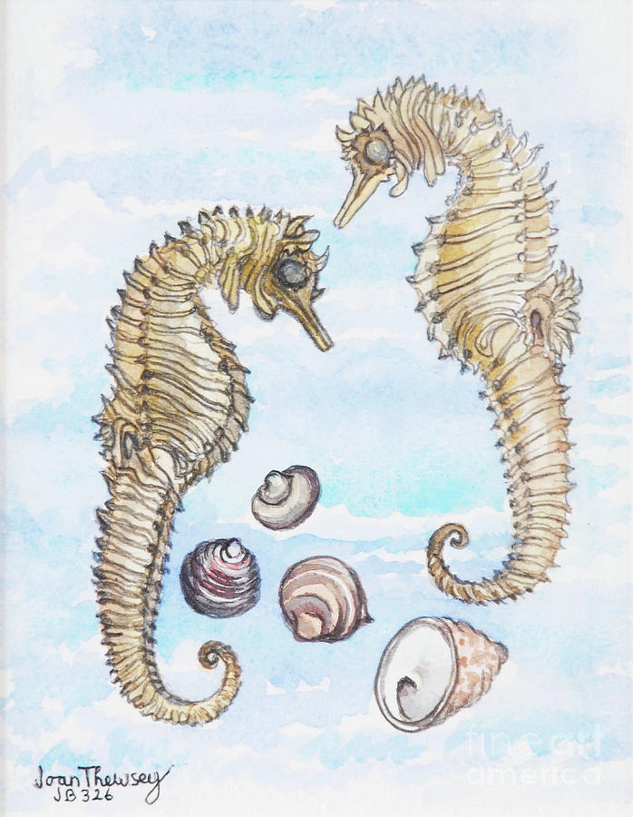 Tree Painting - Two Seahorses, With Shells, 2000 by Joan Thewsey