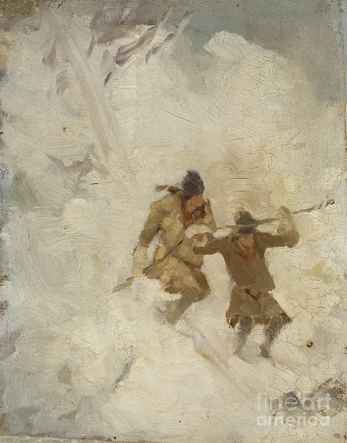 Two Skiing Lapps, Study (oil On Canvas On Masonite) Painting by Anna Nordlander