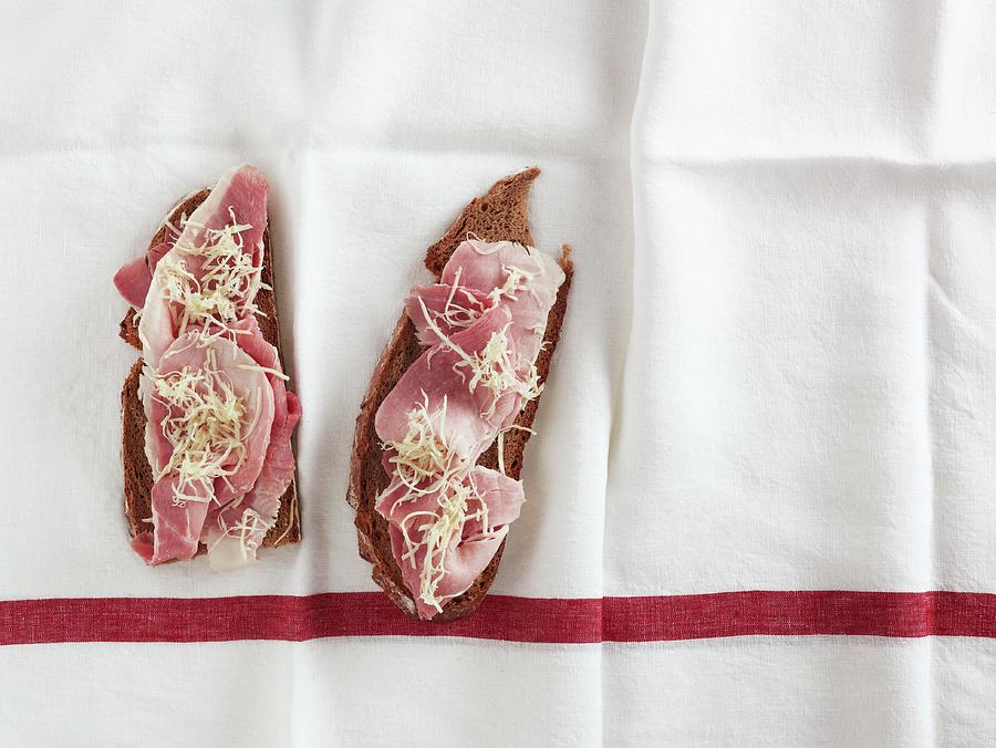 Two Slices Of Bread Topped With Ham view From Above Photograph by Ellert, Luzia