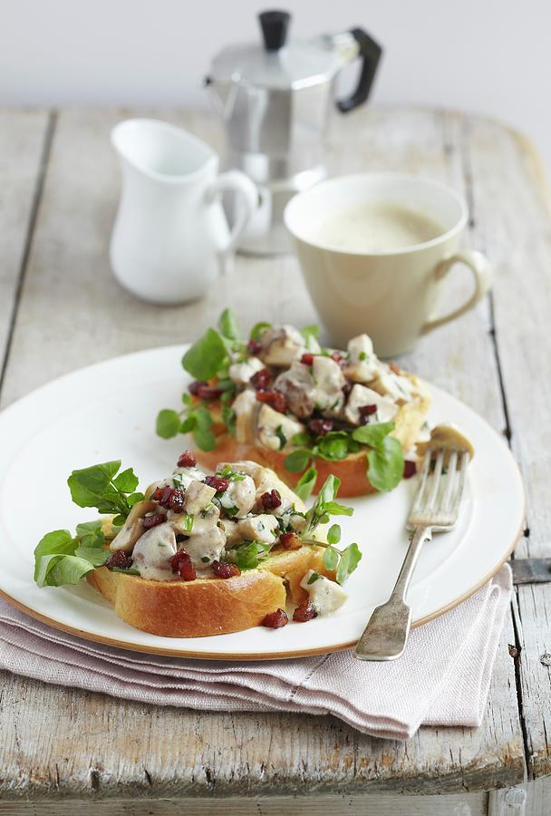 Two Slices Of Brioche Toast Topped With Mushrooms, Tarragon And Watercress Photograph by Charlotte Tolhurst