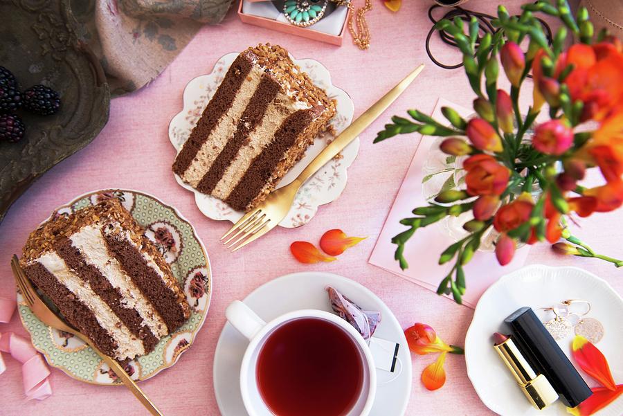 Two Slices Of Chocolate Cream Cake And Tea For Valentines Day Photograph by Veronika Studer