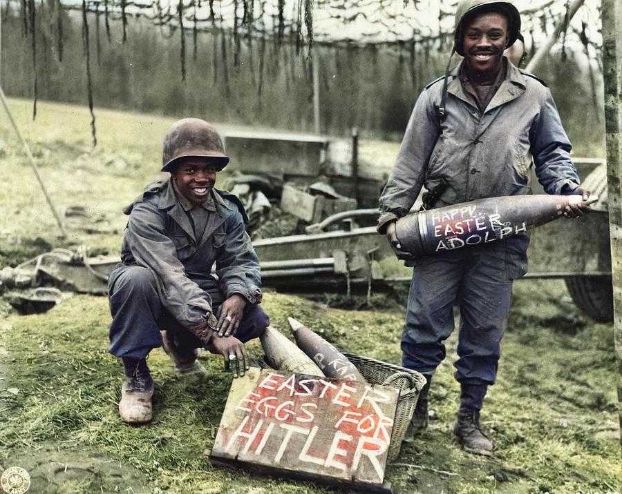Two Soldiers proudly show off their personalized Easter Eggs for Hitler 155 mm American artillery sh Painting by Celestial Images - Fine Art America