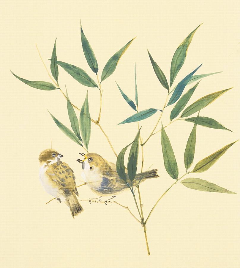 Two Sparrows And Bamboo Leaves Digital Art by Daj