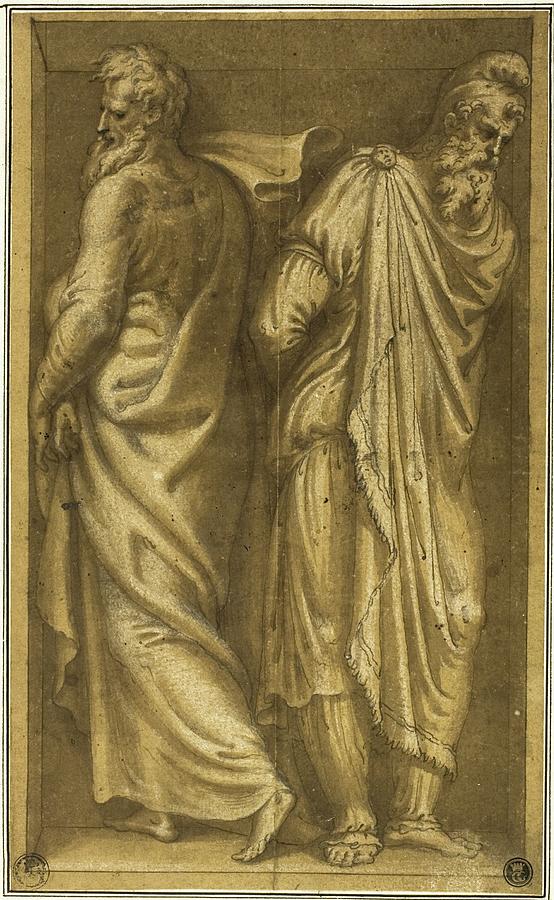 Sketch Drawing - Two Standing Prisoners In A Niche by Bernardino Campi