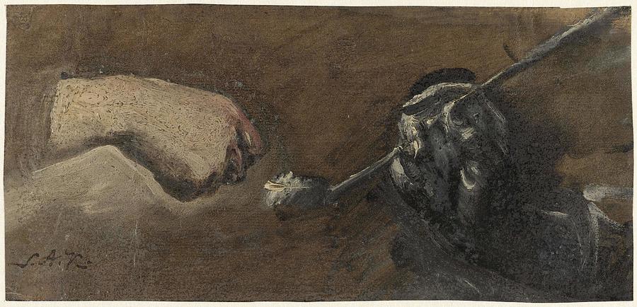 Two studies of a hand, one with a Gouda pipe. Painting by Simon Andreas Krausz Two studies of a hand, one with a Gouda pipe. Painting by Simon Andreas Krausz