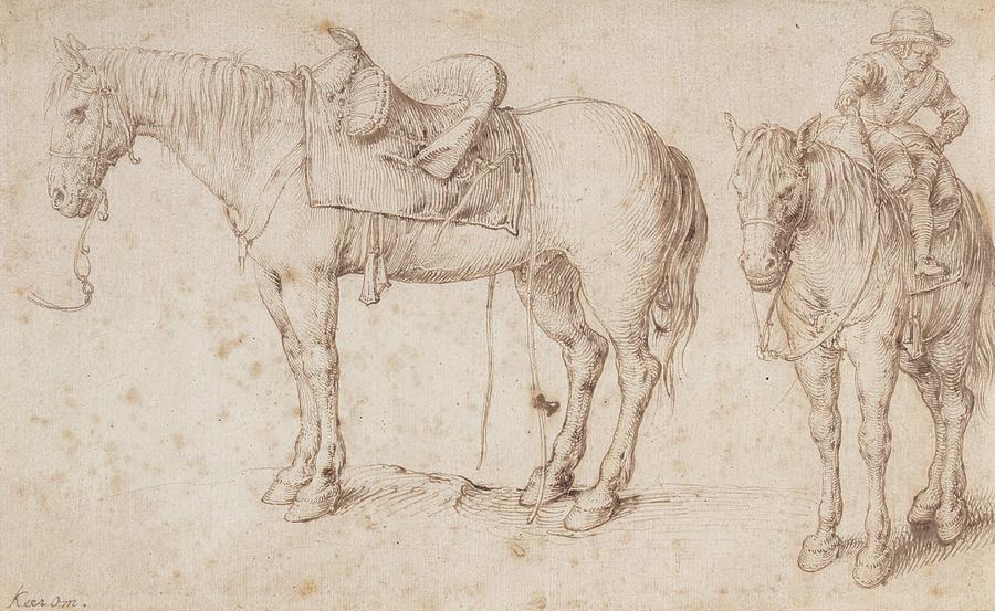 Leonardo Da Vinci Drawing - Two Studies Of A Saddled Horse And Of A Horse With A Boy by Jacob De Gheyn Ii