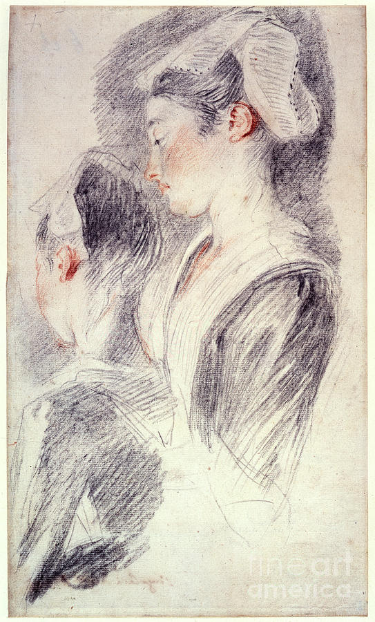 Two Studies Of A Young Womans Head Drawing by Print Collector