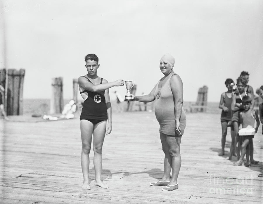 Two Swimmers Holding Trophy, 1927 Photograph by Harris & Ewing
