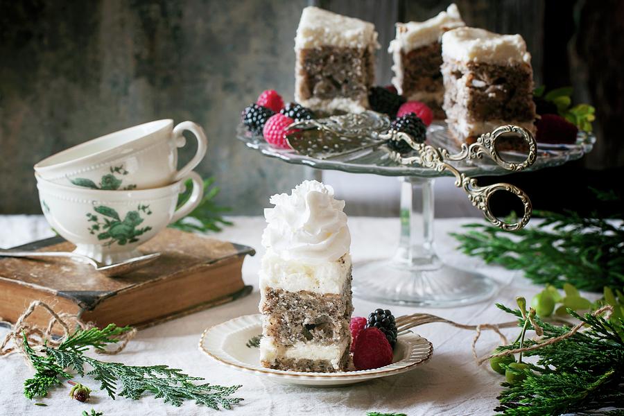 Two Tea Cups And A Poppy Seed Cake With Cream Cheese, Cream And Berries Photograph by Natasha Breen