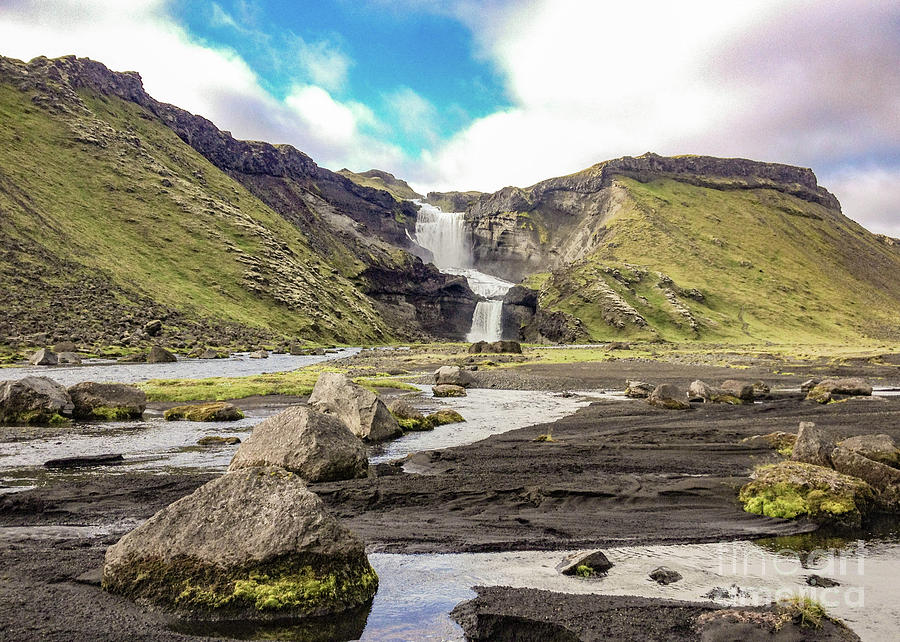 Two-tiered waterfall in volcanic canyon of Eldgja Photograph by ...