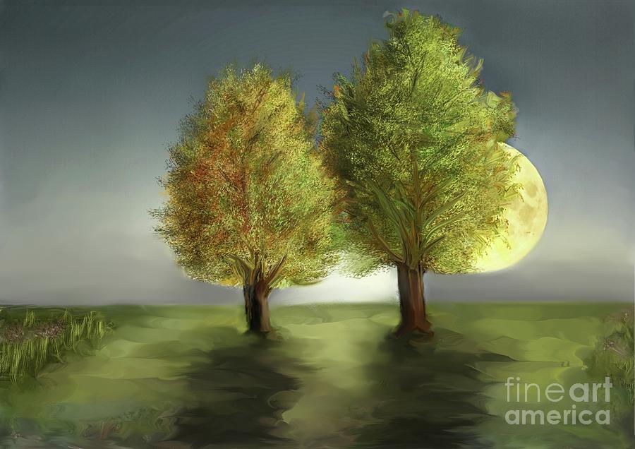 Tree Painting - Two trees at night by Ana Borras