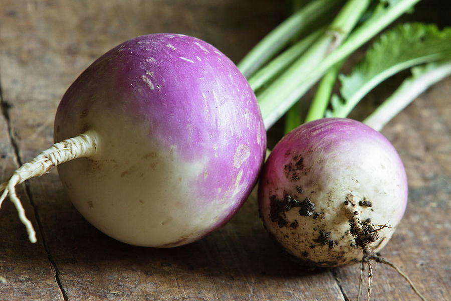 Two Turnips On A Wooden Surface Photograph by Lee Parish