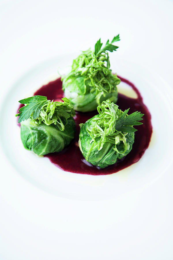 Two Types On Pointed Cabbage On Red Cabbage Broth stuffed Pointed Cabbage Balls With A Pointed Cabbage Salad Photograph by Michael Wissing