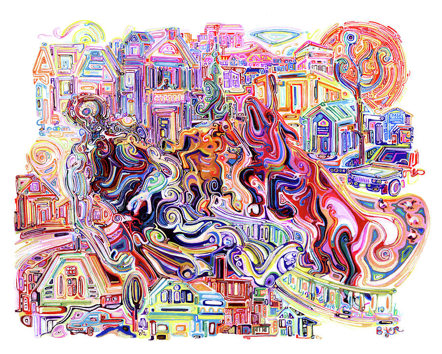 Abstract Painting - Two Unicorns Killing A Cyclops In The Suburbs by Josh Byer