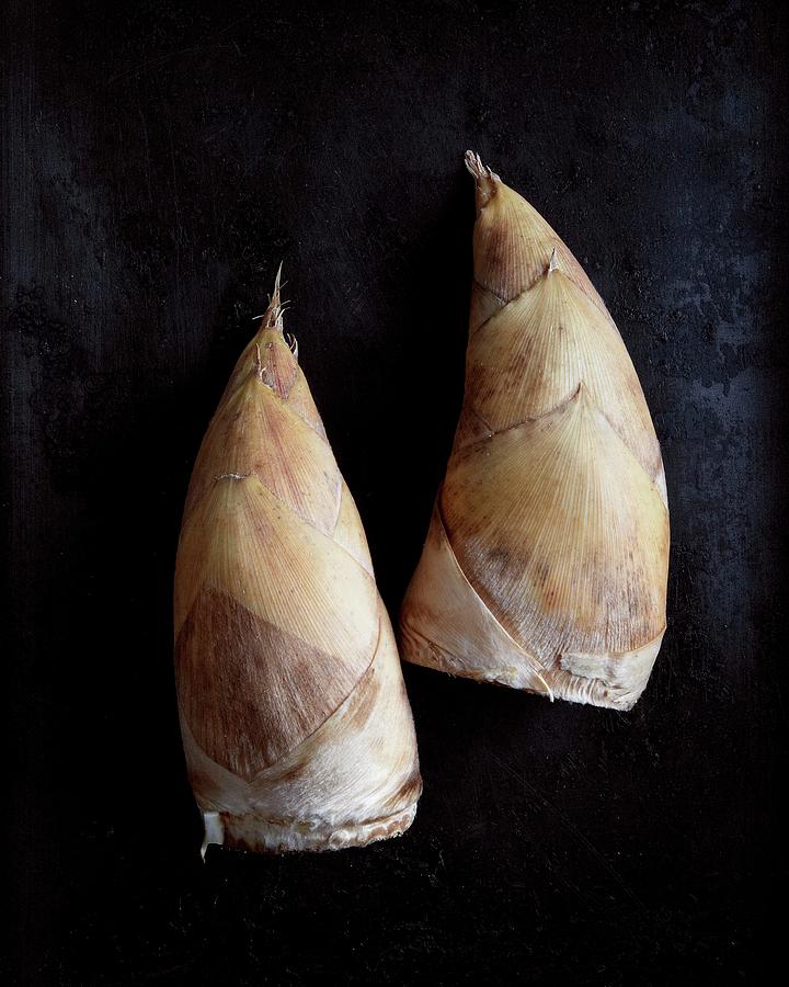 Two Unpeeled Bamboo Shoots On A Black Surface Photograph by Antonis Achilleos
