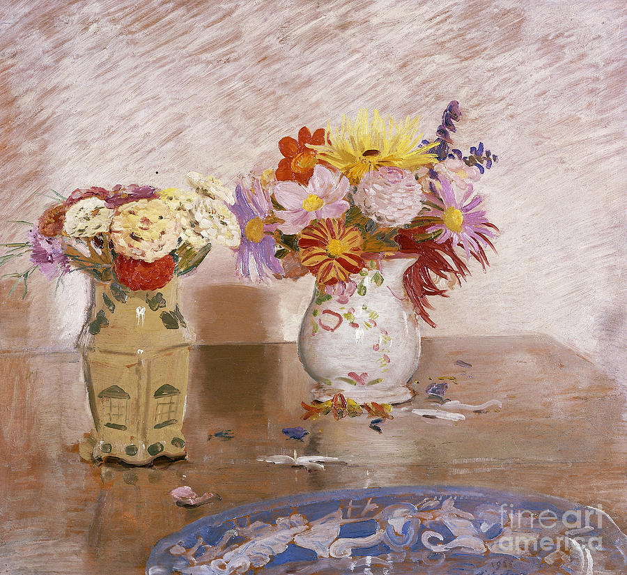 Two Vases Of Flowers And A Blue Plate, 1925 Painting by William Nicholson