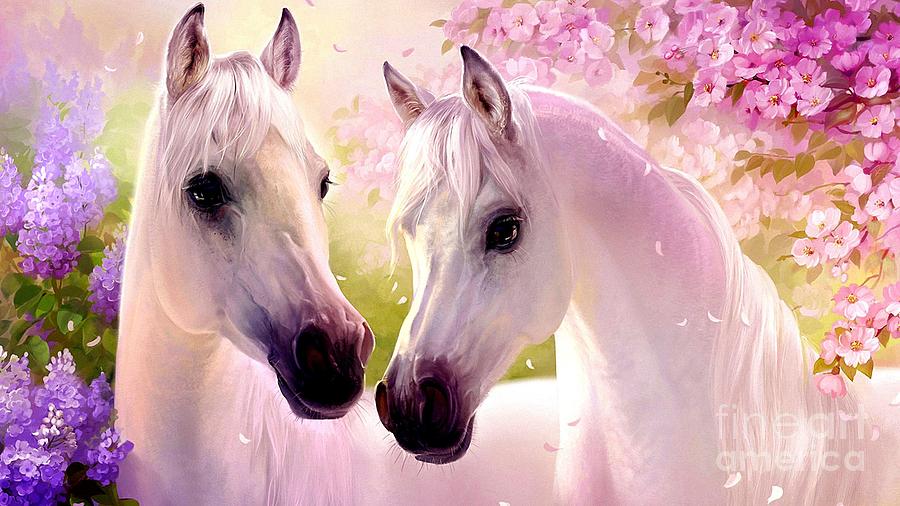 Two White Horses In Love Ultra HD Painting by Hi Res