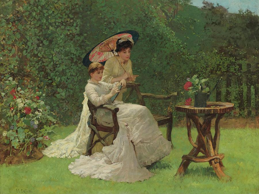 Hector Caffieri Painting - Two Women In A Garden by Hector Caffieri