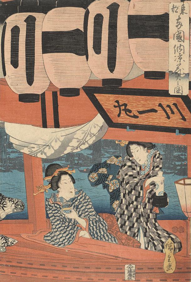 Two Women on a Boat, right sheet of the triptych Evening Cool and Fireworks at Ryogoku in the Eas... Painting by Utagawa Hiroshige