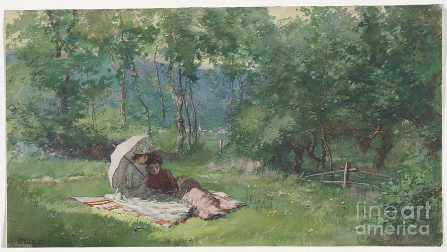 Two Women Reading In A Field Drawing by Heritage Images