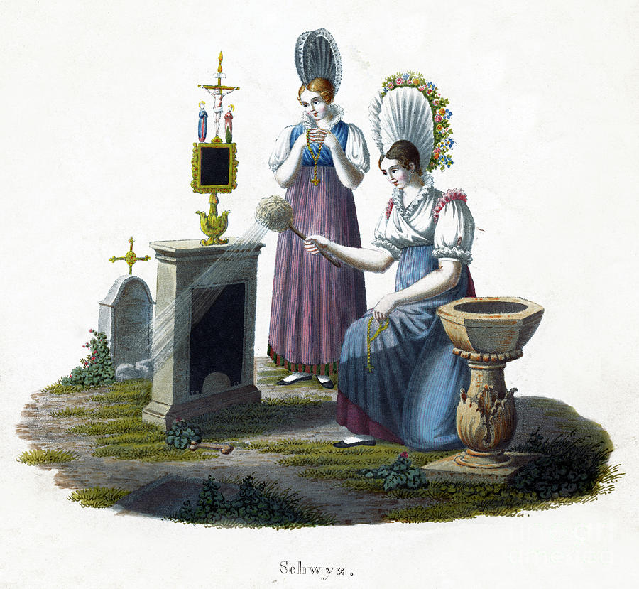 Two Women Standing Before A Headstone Drawing by Print Collector