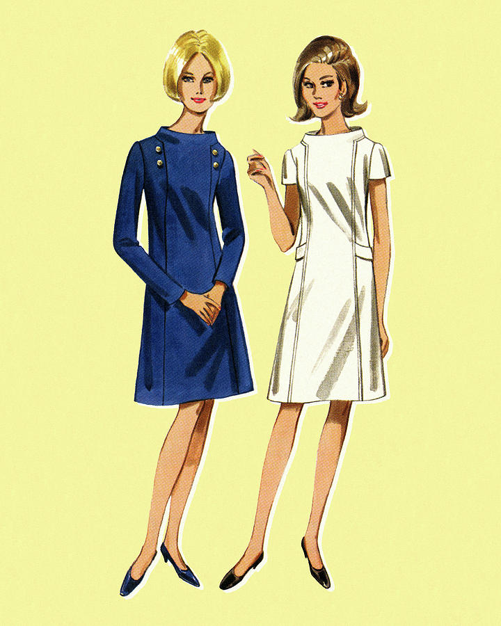 Vintage Drawing - Two Women Wearing Dresses by CSA Images