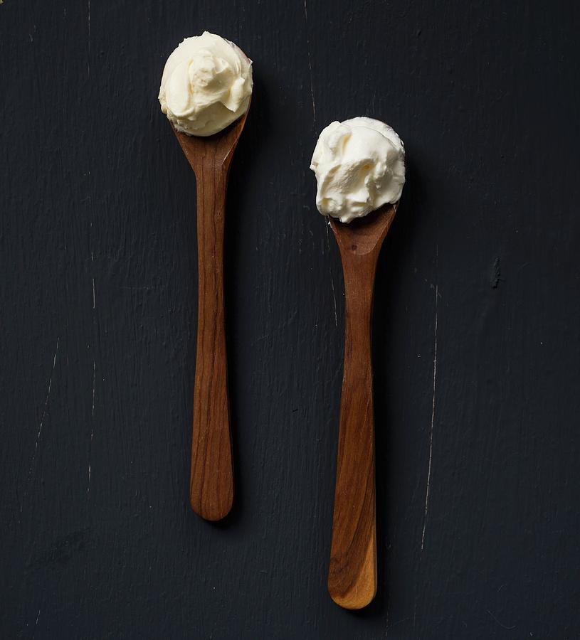 Two Wooden Spoons With Sour Cream And Crme Frache Photograph by Great Stock!