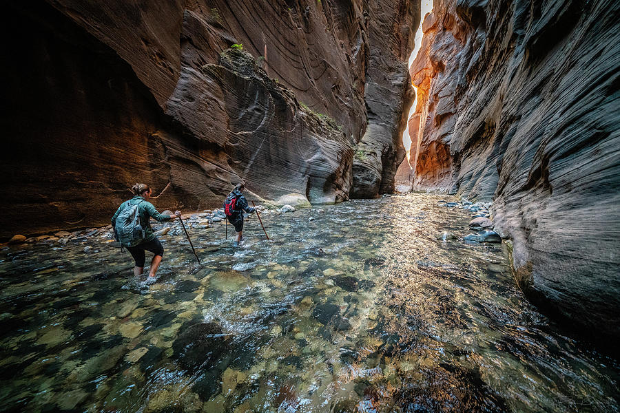 Two Young Female Friends Hiking Through the Narrows, Zion Nation Photograph by Ryan Kelehar