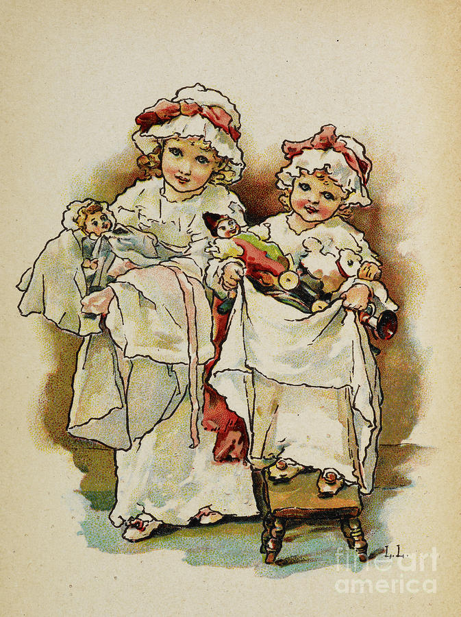 Two Young Girls Holding Their Dolls Painting by European School - Fine ...