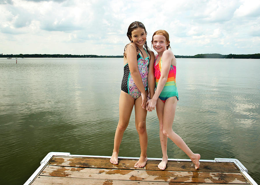 Two Happy Tween Girls In Swimsuits Outdoors. Photograph by Cavan Images -  Fine Art America