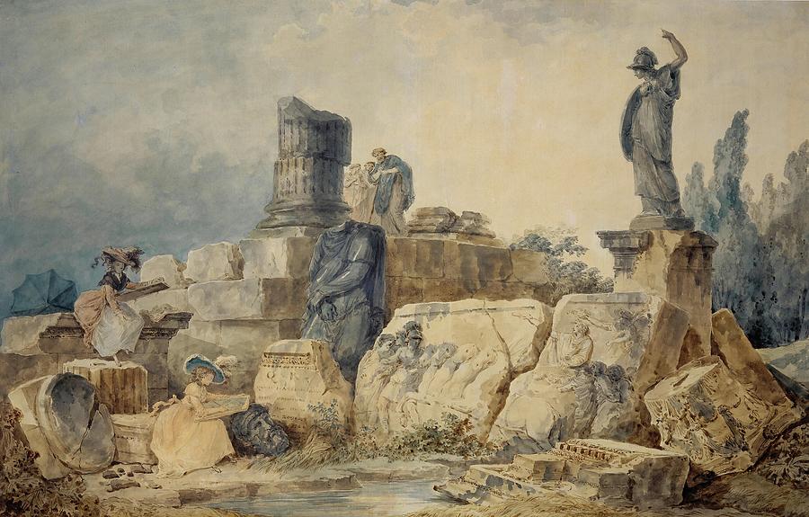 Two young women drawing the ruins of Rome,three figures in antique clothing observe them from above. Painting by Hubert Robert -1733-1808-