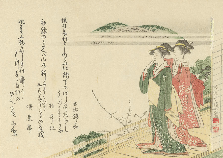Two Young Women on a Veranda Relief by Kubo Shunman
