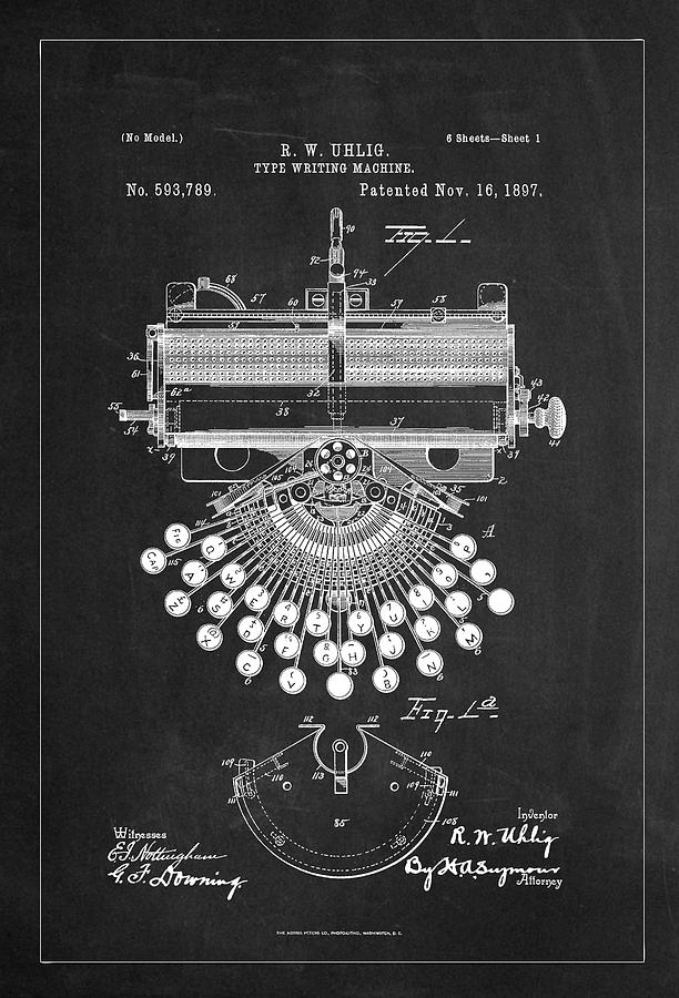 Type Writing Machine Patent Drawing From 1897 - Charcoal Digital Art by Carlos Diaz