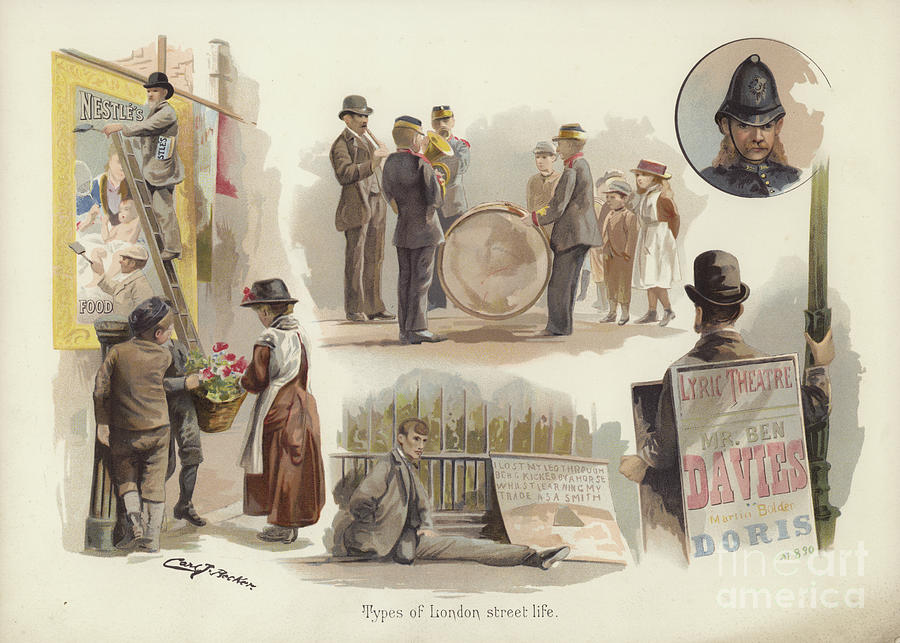 Types Of London Street Life: Posterman, Flower Seller, Musicians, Beggar, Sandwich Man, Policeman Drawing by English School