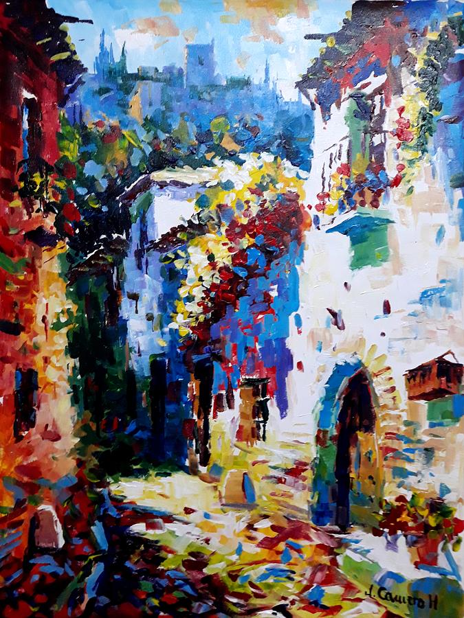 Typical street of Granada. Original acrylic on canvas  Painting by Jose Camero Hernandez
