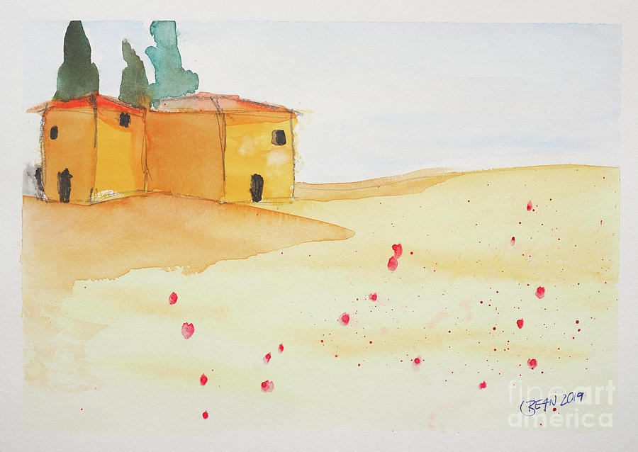 Typical Tuscan houses with a poppy field Painting by Andreas Berheide