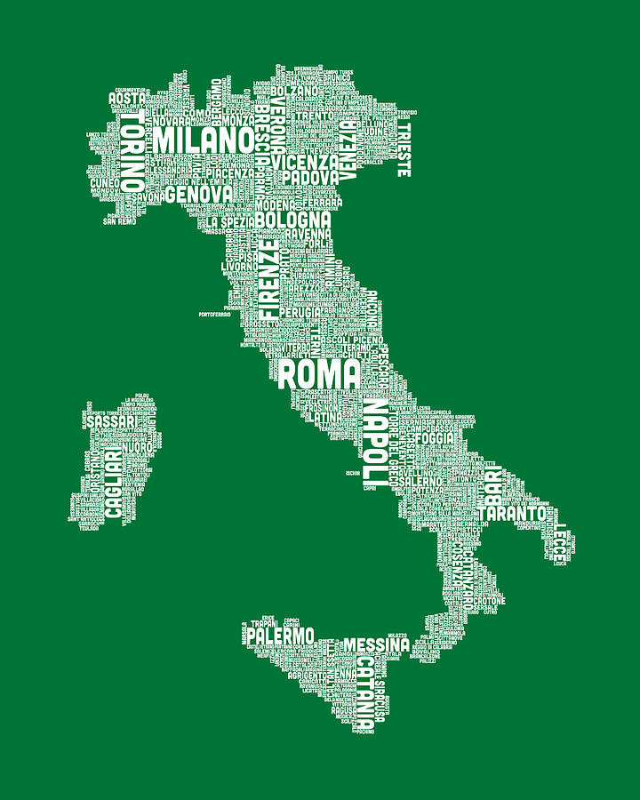 Typography Text Map of Italy Map Digital Art by Michael Tompsett