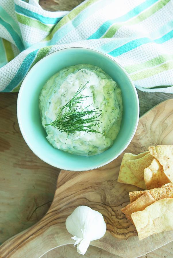 Tzatziki In A Bowl With Unleavened Bread Photograph by Spyros Bourboulis