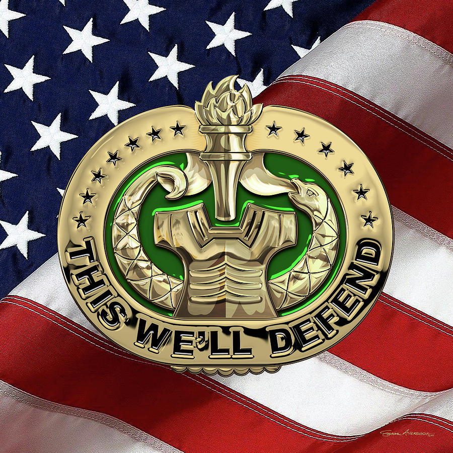 U. S.  Army Drill Sergeant Identification Badge over American Flag Digital Art by Serge Averbukh