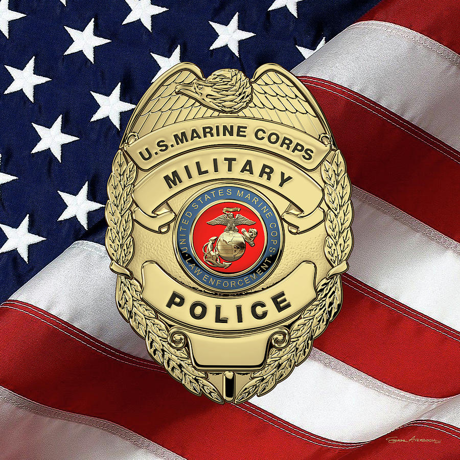 U. S.  Marine Corps Military Police -  U S M C  M P  Legacy  Badge over American Flag Digital Art by Serge Averbukh