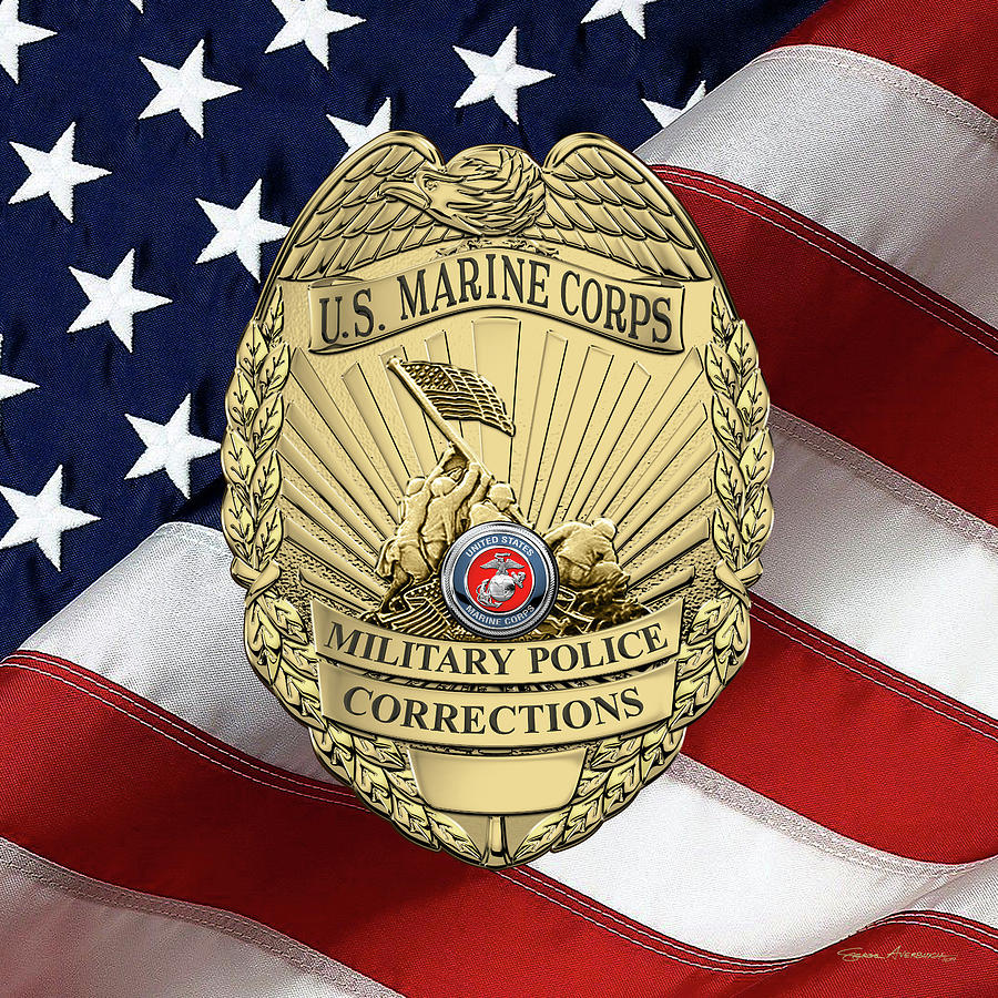 U. S.  Marine Corps Military Police -  U S M C  M P  Corrections Badge over American Flag Digital Art by Serge Averbukh