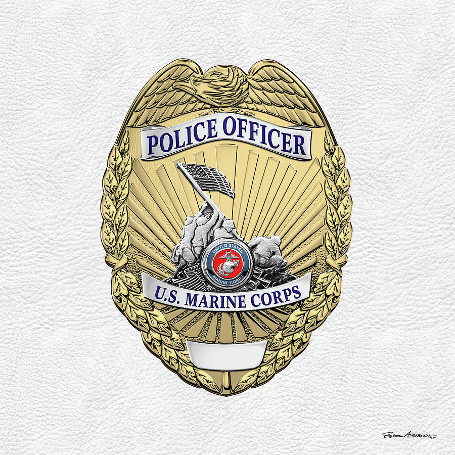 U. S.  Marine Corps Military Police -  U S M C  M P  Officer Badge over White Leather Digital Art by Serge Averbukh