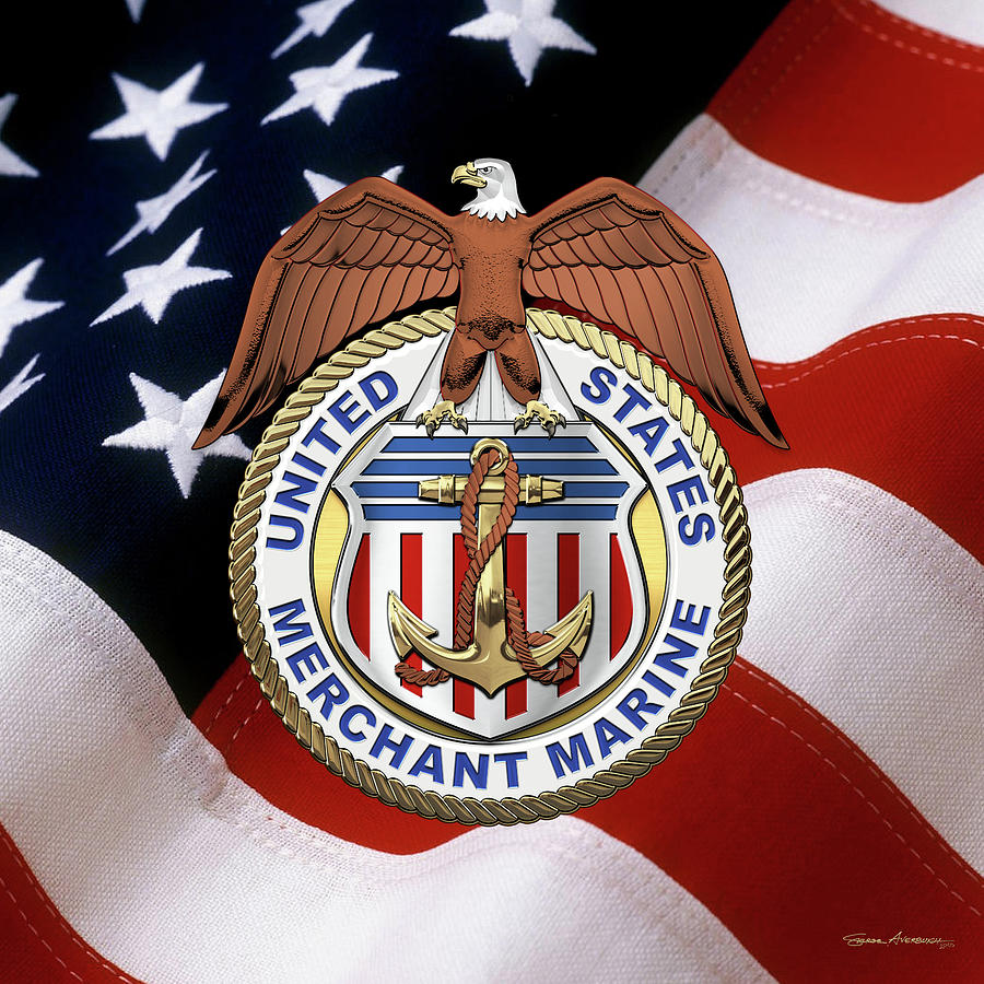 Americana Digital Art - U. S.  Merchant Marine -  U S M M  Emblem over American Flag by Serge Averbukh