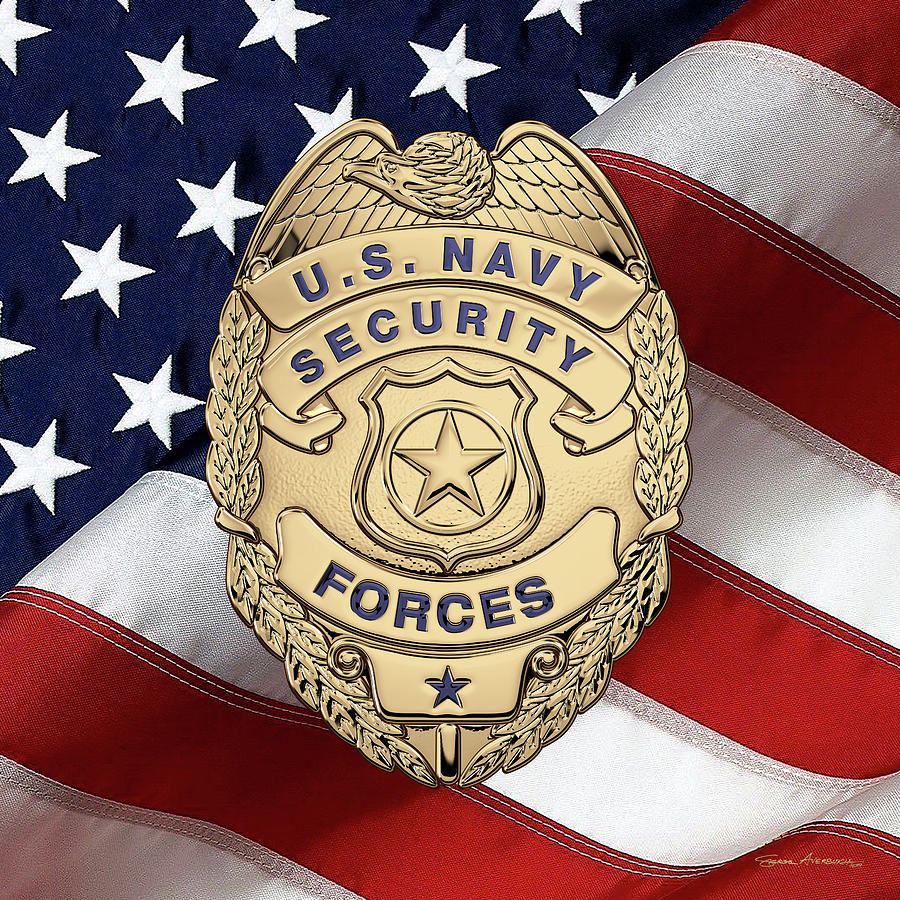 U. S.  Navy Security Forces - Master-at-arms  Badge over American Flag Digital Art by Serge Averbukh